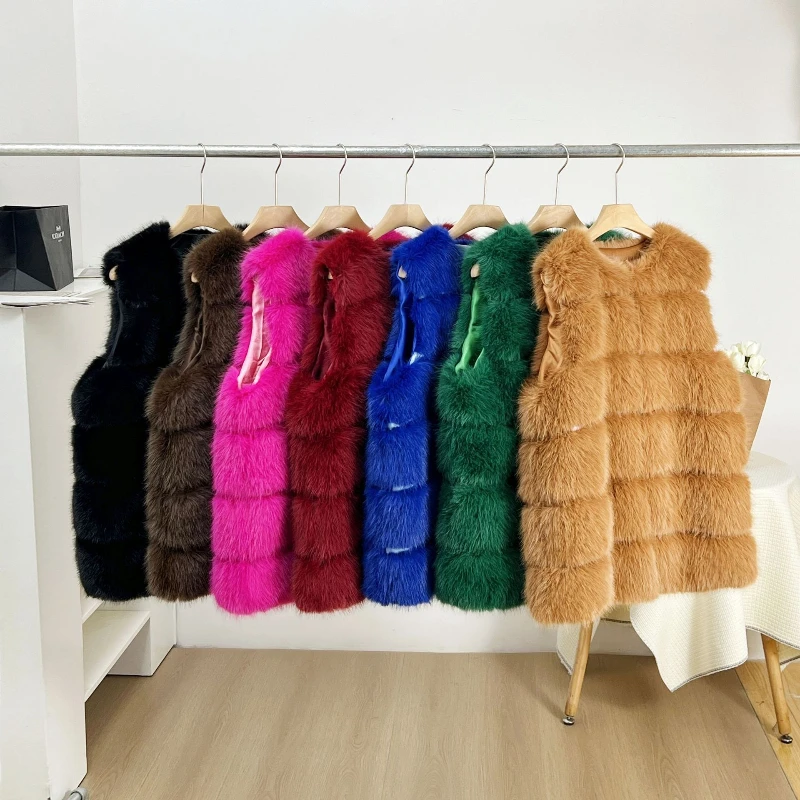 

Black Stripe O-neck Short Faux Fur Vests Y2k Faux Fox Furry Jackets Fluffy Casual Stylish Plush Coats Warm Outerwears Sleeveless