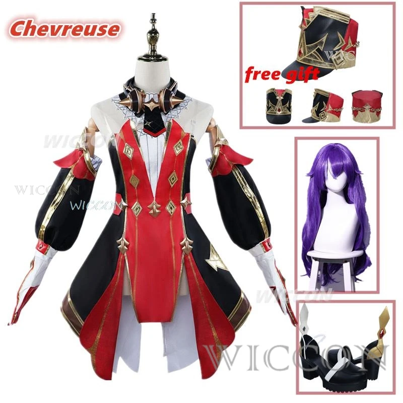 

Genshin Impact Chevreuse Косплей Костюм Fontaine Chevreuse Косплей Платье Шляпа Опора Парик Обувь Полный комплект Экипировка Униформа XS-3XL