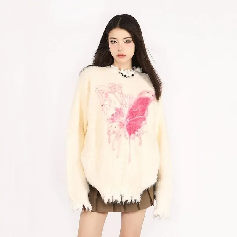 Korejpaa Sweet Retro maglioni donna Japan Style Pink Butterfly maglione autunno inverno nuovo Versatile Pullover in maglia morbida top