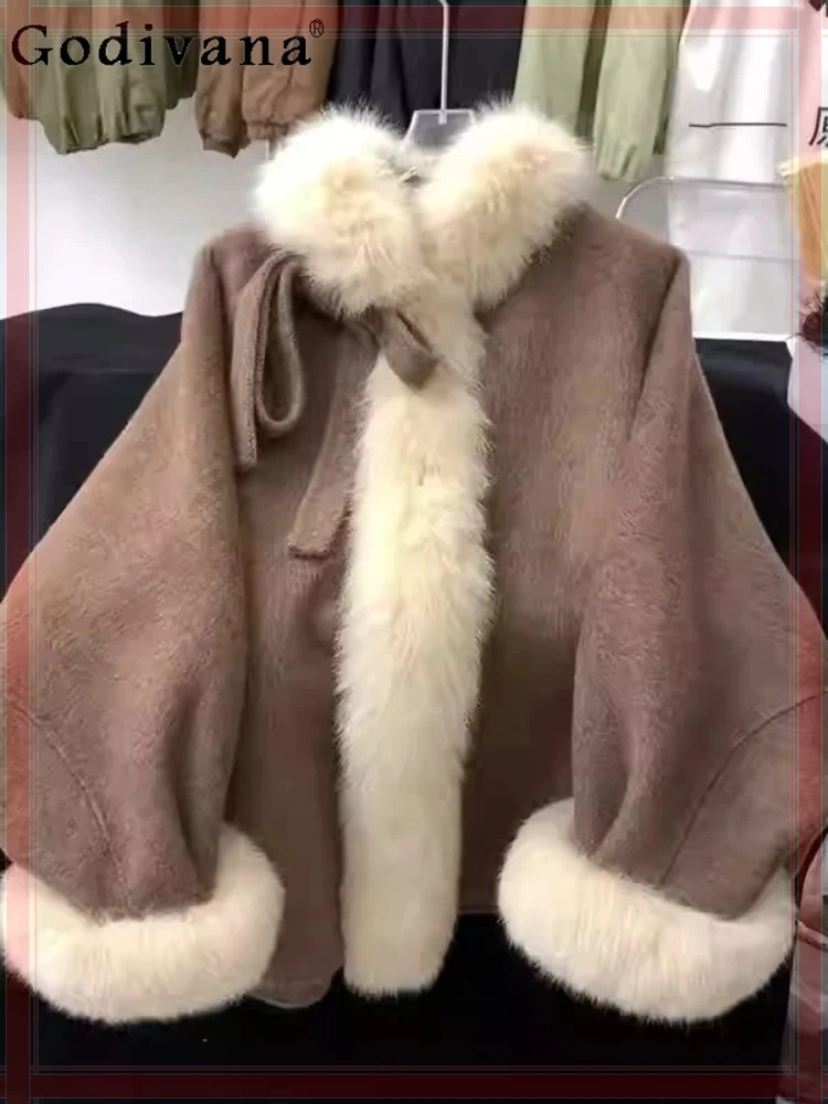 

Autumn Winter New Japanese Fashion Retro Versatile Coat Temperament Girls Sweet Lace-up Bow Plush Splicing Long-sleeved Coats