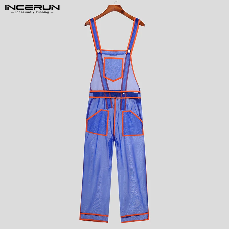 INCERUN Men Jumpsuits Mesh See Through Sexy Patchwork Pockets Sleeveless Straps Rompers Streetwear 2023 Fashion Men Overalls 5XL