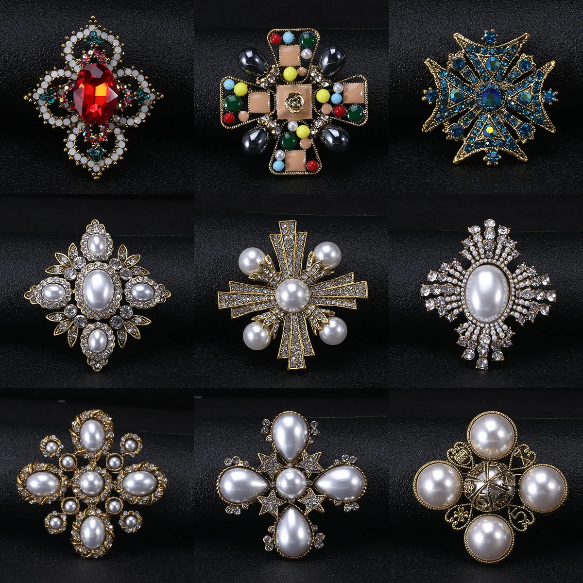 Baroque Vintage Cross Pearl Rhinestone Brooches Pins For Women Lady Luxury Exquitsite Badges Retro Wedding Party Corsage Brooch