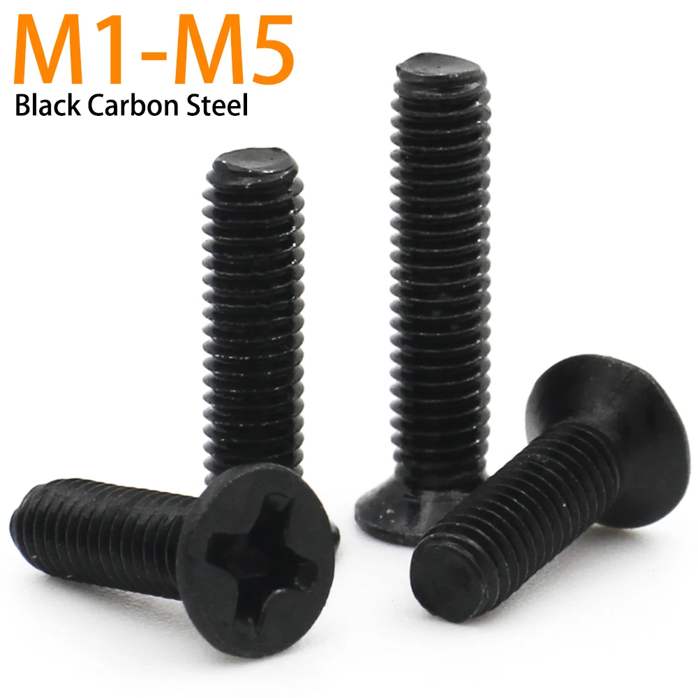 10pcs/lot M1 M1.2 M1.4 M1.6 M1.7 M2 M2.5 M3 M3.5 M4 M5 Mini Black Steel Phillips Flat Countersunk Screw Bolt