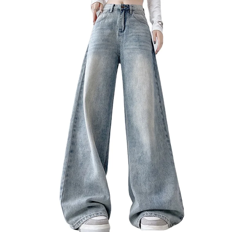 

Blue Vintage High Street Jeans Women Large Wide Leg High Waist Casual Long Pants