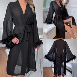 Women'S Robe Simulation Silk Feather Long-Sleeved Pajamas Nightgown Robe Comfortable Straps Homewear Sexy Lingerie New 2024 2025