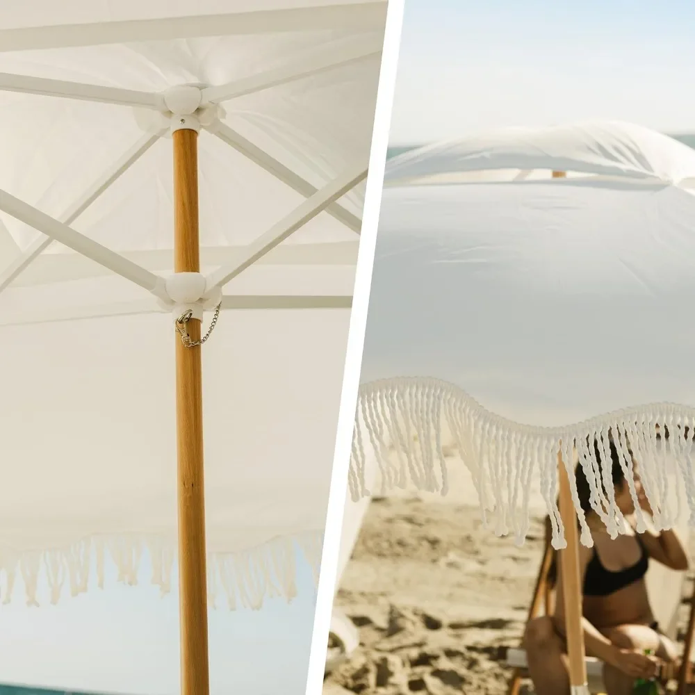 Cabana de praia com franjas, dossel de praia Boho de 6'×6' com borlas, fácil instalação e poste de madeira premium, barraca de cabana com bolsos de areia |