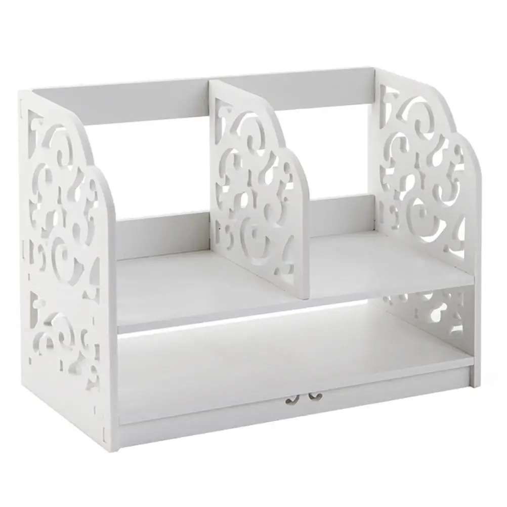 

Wooden Composite Desktop Shelf Bookcase Organizer Hollow Design Storage Rack Office Desk File Stand Large Space Saving