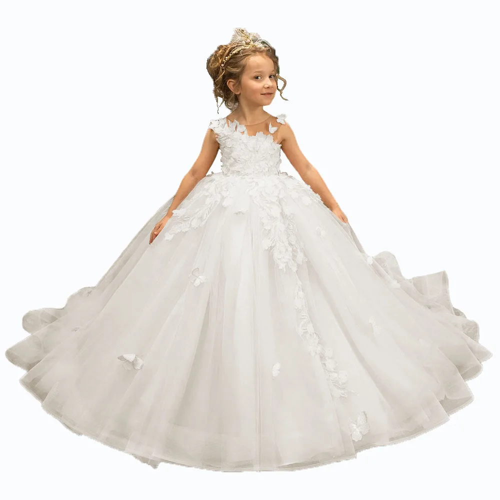 Vestido de Princesa Babados Meninas, Apliques 3D, Vestidos Menina Flor, Crianças, Concurso, Vestidos de Festa da Primeira Comunhão, Casamentos