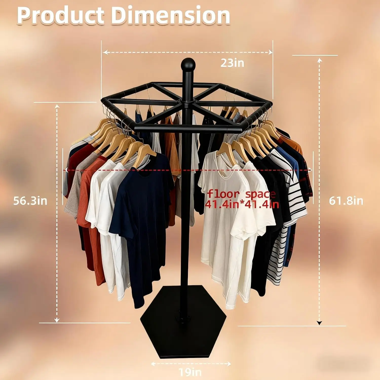 Black 23-Inch Rotating Round Clothing Rack, Freestanding Heavy-Duty Metal Display Rack, 42
