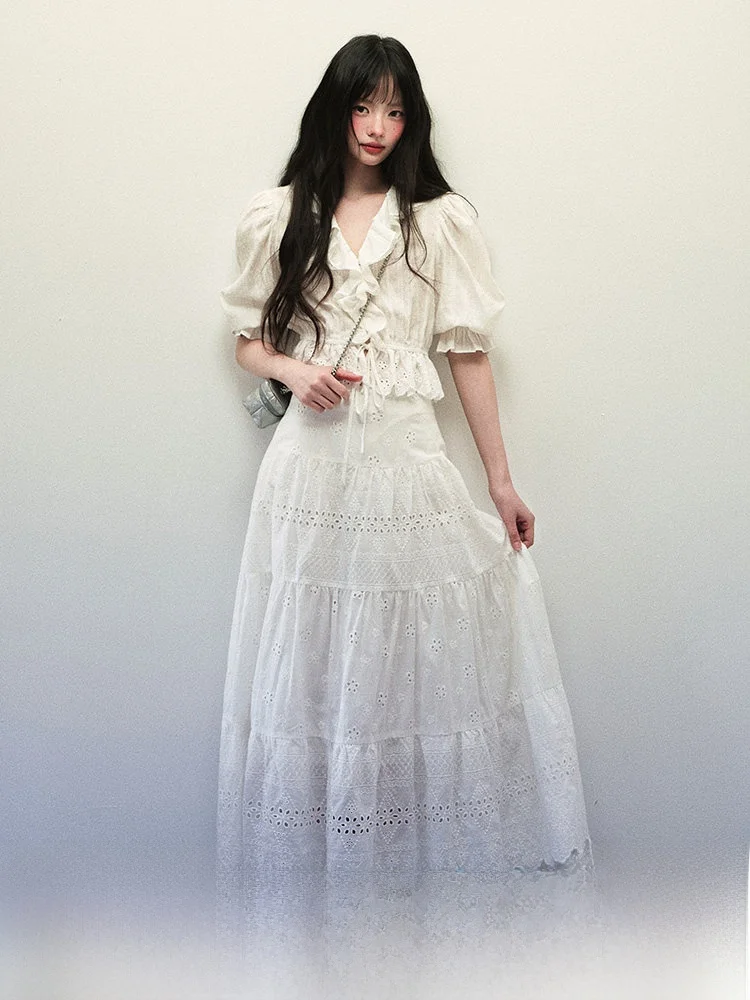 

Комплект P STUDIO: женский топ и юбка из хлопка с вышивкой, ажурным дизайном и V-образным вырезом, однотонный