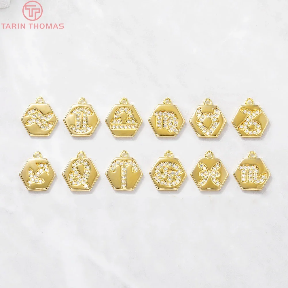 

(469)4PCS 10x11MM 24K Gold Color Brass with Zircon Twelve Constellations Charm Pendants for Jewelry Making Findings Accessories