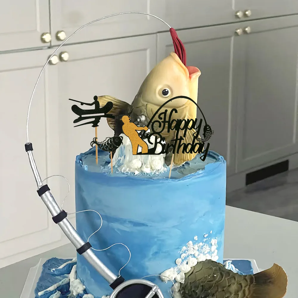الصيد عيد ميلاد سعيد كعكة توبر الرياضة لهم حفلة استحمام الطفل الذهب الأسود الصياد الأسماك قطاعات الكيك ديكور لوازم الخبز