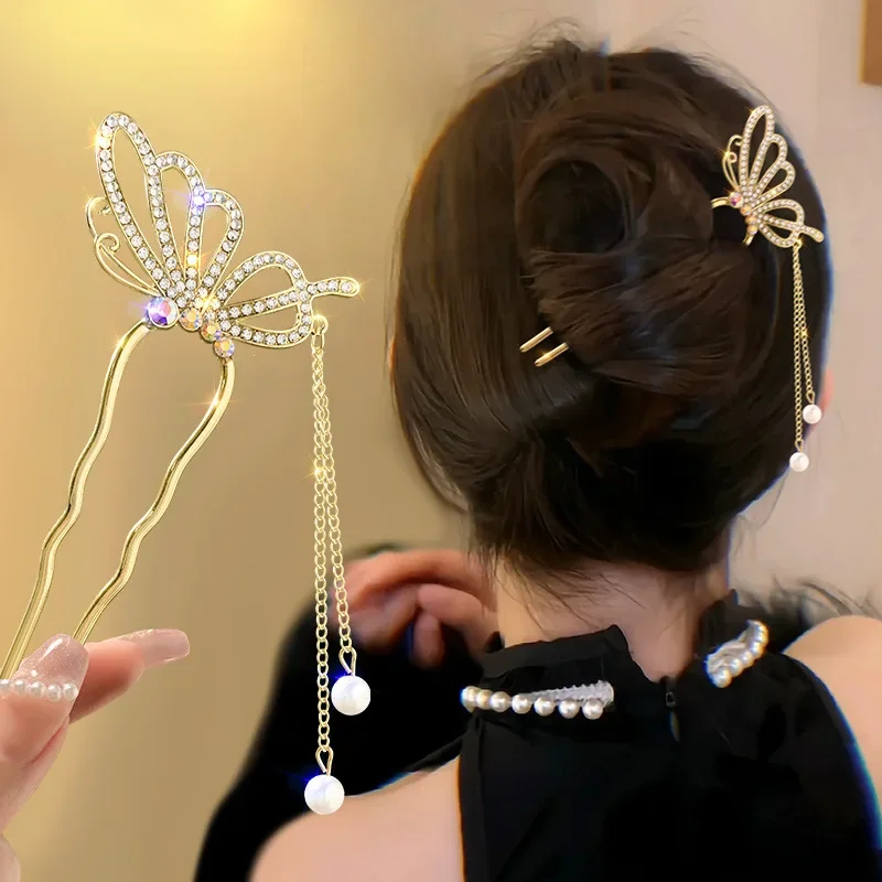 العتيقة نمط اللؤلؤ حجر الراين الراقية U على شكل شرابة دبوس الشعر النمط الصيني الجديد القوس عقال خوذة ملفوف الشعر التبعي