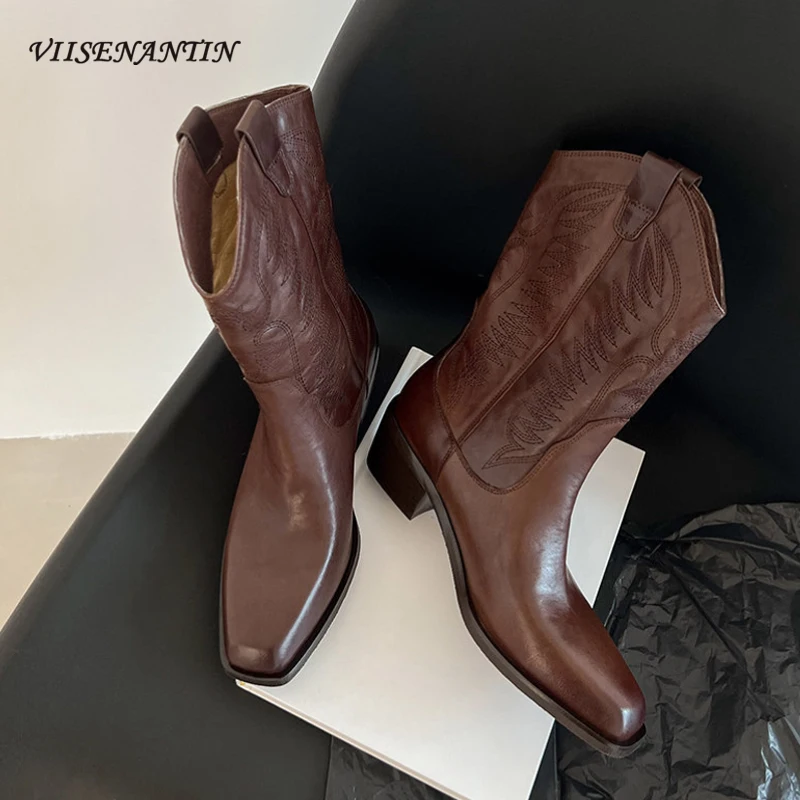 

Fashion Vintage Embroidery V-mouth Western Boots Women's 2024 Winter New Square Toe Chunky Med Heel Knight Mid Calf Boots Women