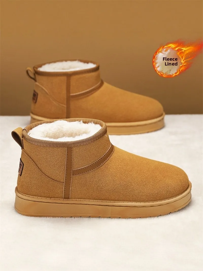 Men's Winter Snow Boots Anti-slip Thick Bottom Fleece Lined Warm Leather Fur Integrated Bread Cotton Boots for Cold Weather