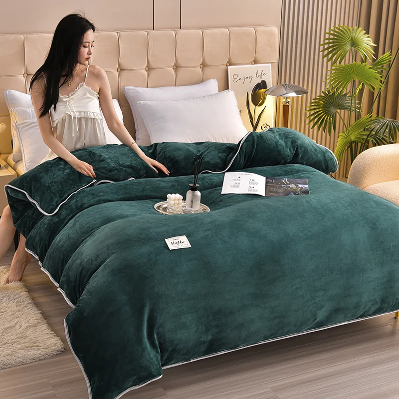 Solid Color Thickened Milk Velvet Duvet Cover Hotel Luxury Dark Green Single Double Comforter Cover Home Warm Soft Quilt Covers