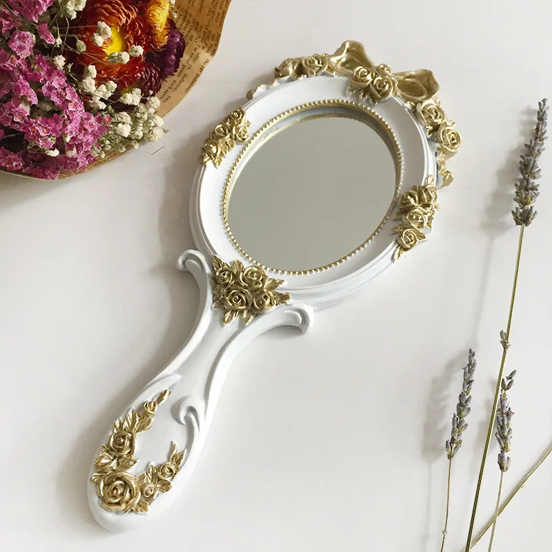 Rectangle Hand Hold Cosmetic Mirror with Handle Makeup Mirror Cute Creative Wooden Vintage Hand Mirrors Makeup Espelho 1Pc