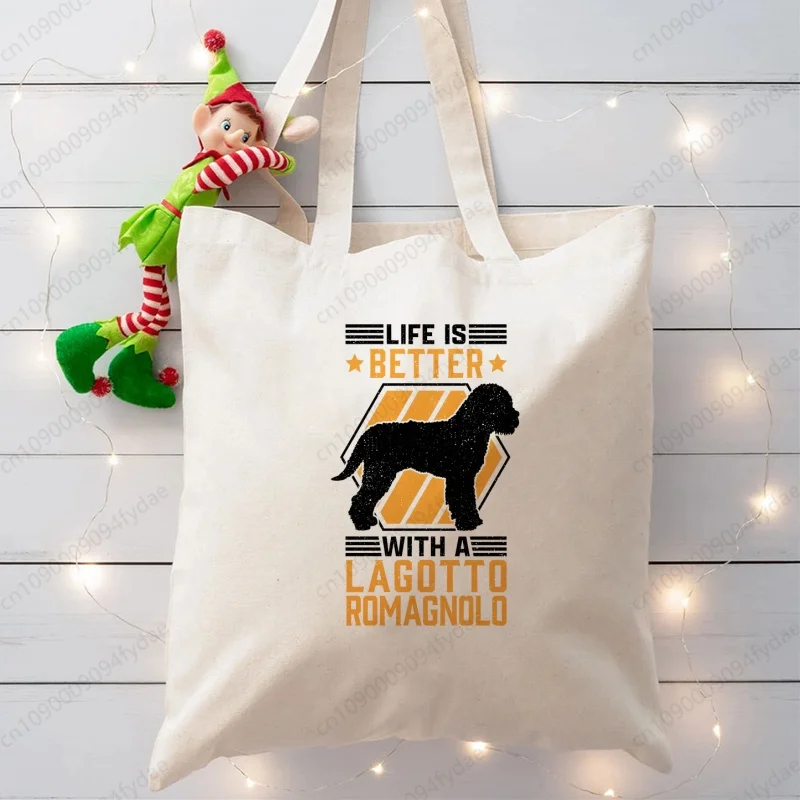 Life Is Better with Lagotto Romagnolo Dog Canvas Simple Cartoon Print Shopping Bags Girls Fashion Life Casual Pacakge Hand Bag