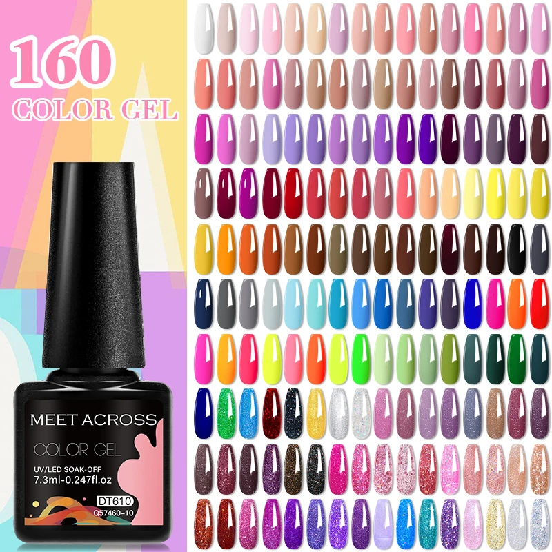 

MEET ACROSS 160 Colors 7.3ml Gel Nail Polish Vernis Glitter Sparkly Semi Permanent Soak Off LED UV Gel Varnish Nail Art Manicure