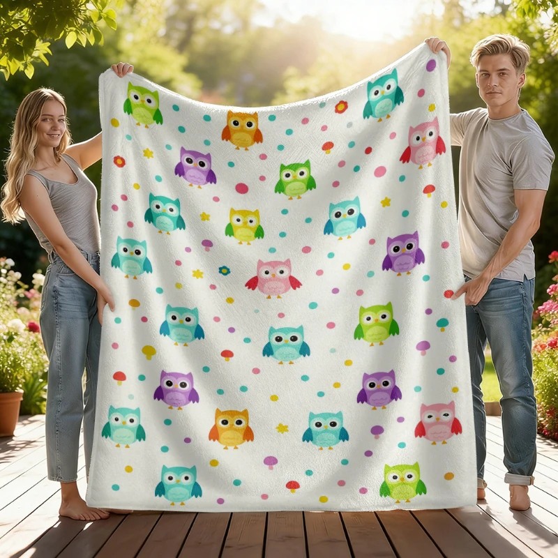 Bright Multicolor Cartoon Owl Dot Print Throw Blanket,Soft Sofa,Bed Lap Cover,Balcony Leisure,Birthday Nature Gifts