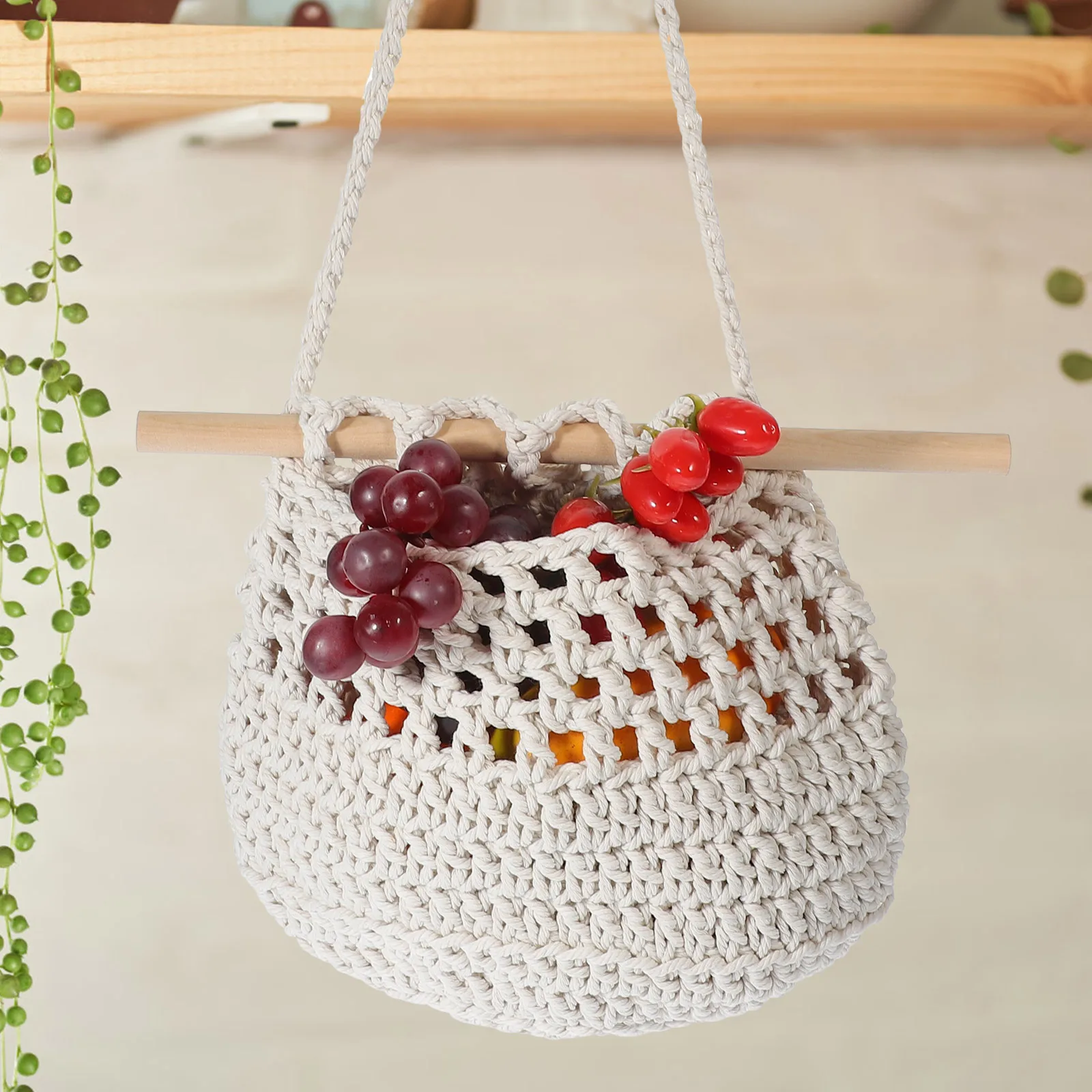 

Hanging Fruit Basket Woven Cotton Rope Mesh Bag for Kitchen Vegetable Produce Storage Small Brown Bohemian Style