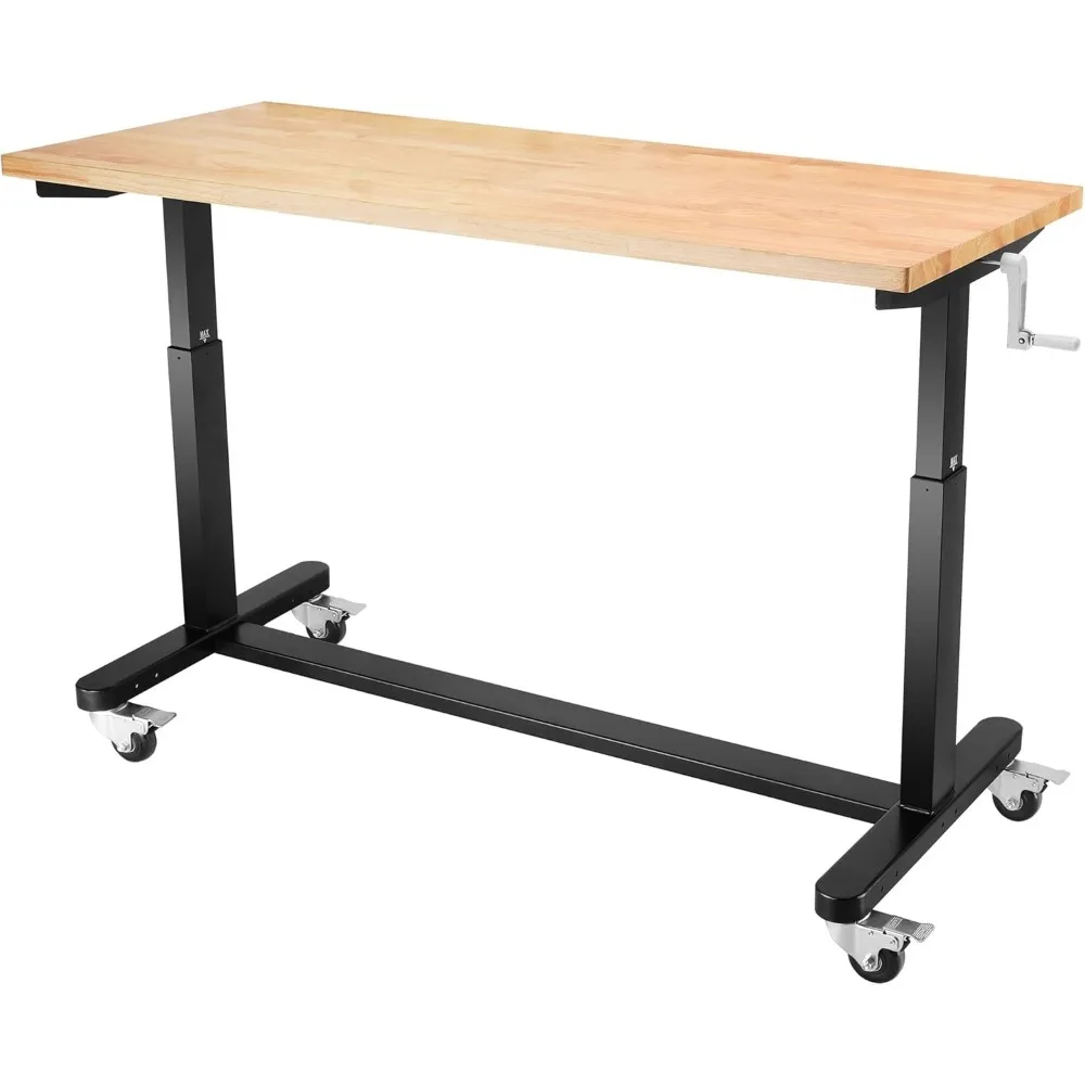 

60” Height Adjustable Work Table with Crank Handle and Casters, 60” x 24” Wooden Top Standing Desk Workbench