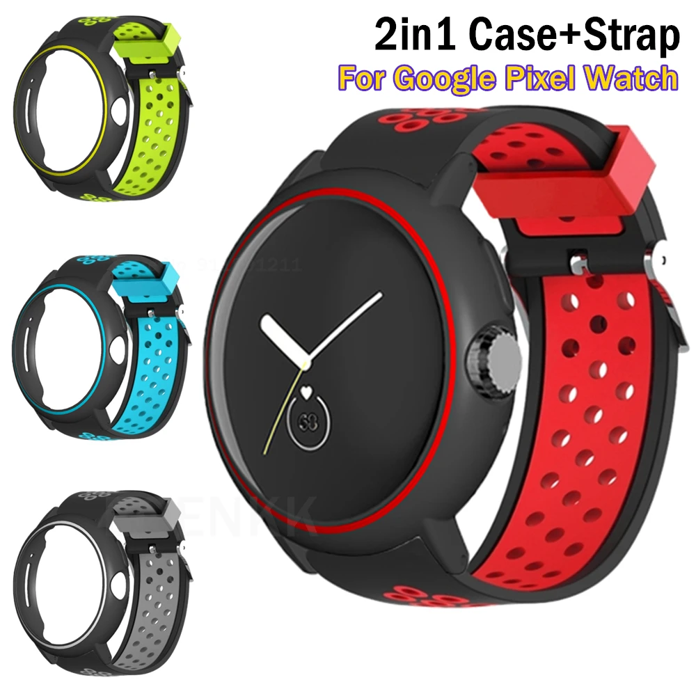 2in1 Case+Silicone Strap For Google Pixel Watch Band Pixel Watch Bracelet Replacement Wristband With Protector Shell PC Cover