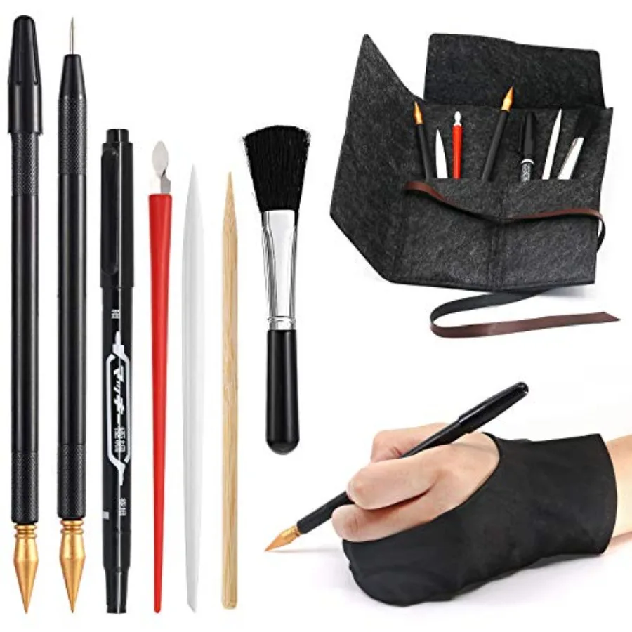 

Scratch Art Tools, 9 Pcs Scratching Drawing Tools Set: Artist Glove, Tools Bag, Scratch Coloring Pens, Plastic and Wooden Stylu