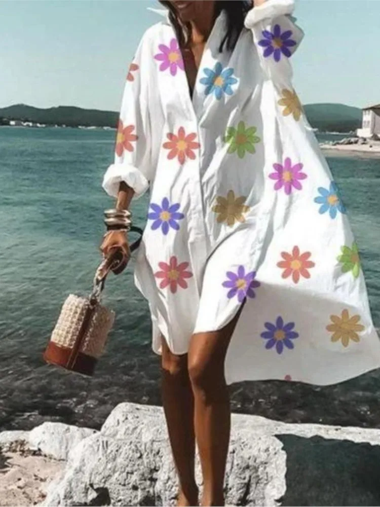 Color Flowers Printed Shirts Dresses Women Fashion Temperament Commuting Loose Midi Shirts Dress Lady Vestidos Spring Summer New