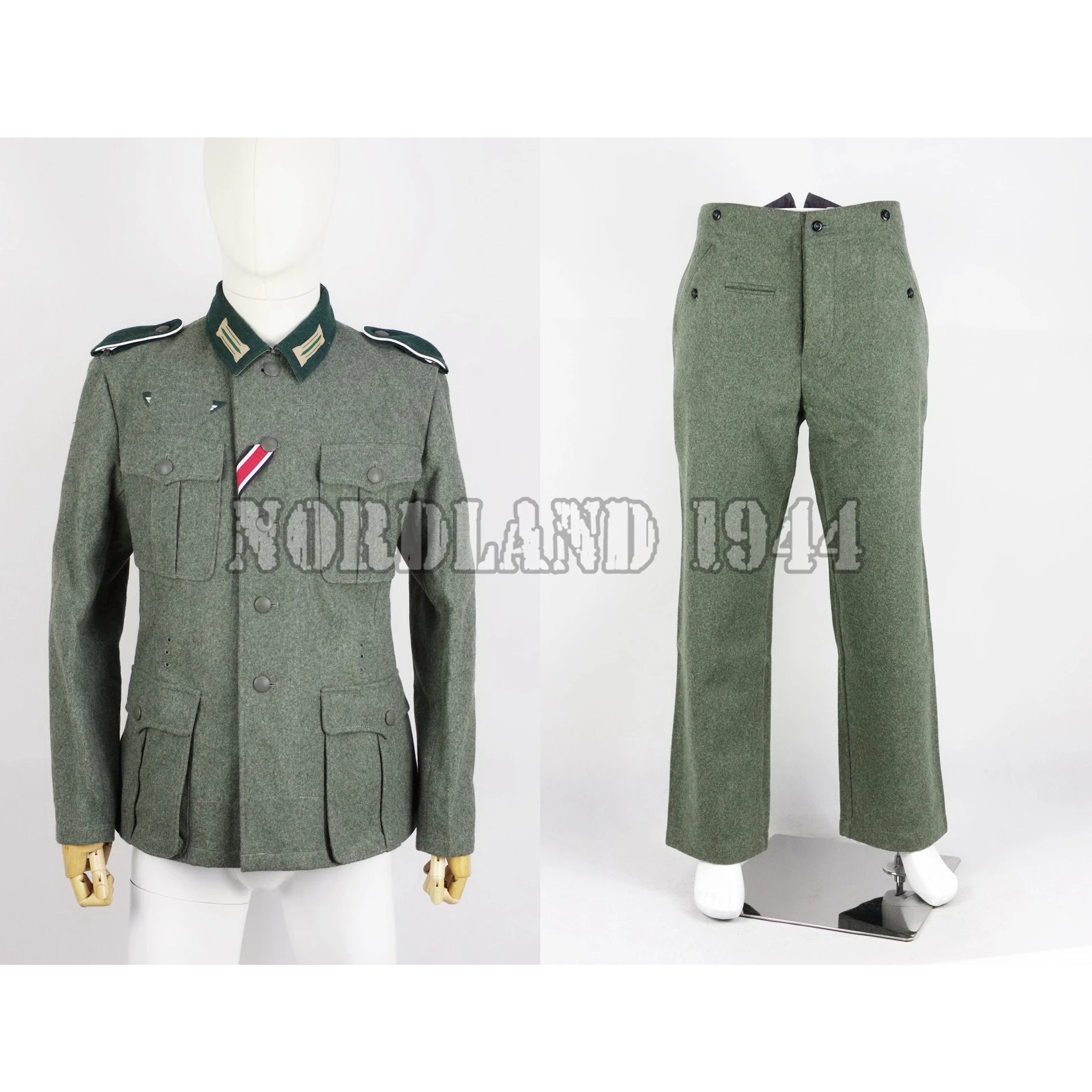 

Reproduction Cosplay German WH M36 Fieldgrey Wool Feldbluse Field Blouse Tunic with Shoulder Straps and Trouser Pants Nordland