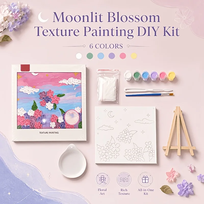 2‑Style a sea of flowersTexture Painting Kit, Contains 6‑color paint cup, art frame, palette knife, brush, quartz sand, wooden easel, mixing palette. Beginner‑friendly for thick 3D relief art. For relaxing hand‑painting