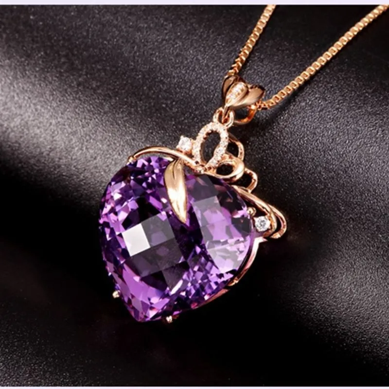 New Charming Korean Fashion Women Heart-Shaped Amethyst Pendant Necklace for Women Girls Exquisite Sweet Romantic Chain Jewelry