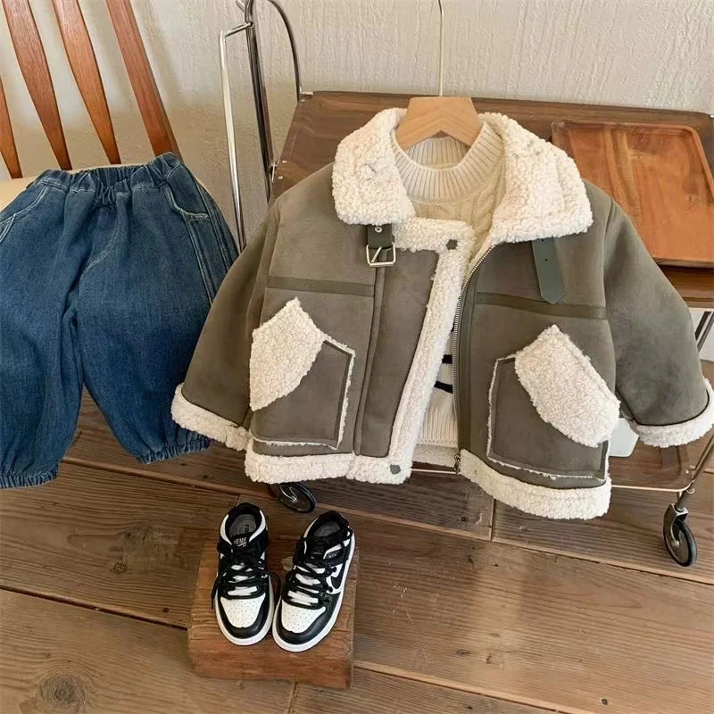2024 New Boys Autumn and Winter Children\'s Outerwear Thickened Lamb Wool Outerwear Casual and Cute Warm Girl Cotton Jacket