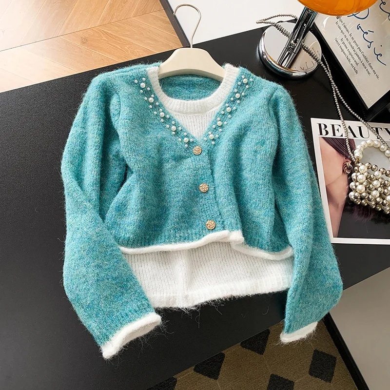 

2025 Spring Autumn New Retro Color Blo V Ne Fake Two Piece Sweater Women Slim Fit Sea Wool Stripe Base Knitwear