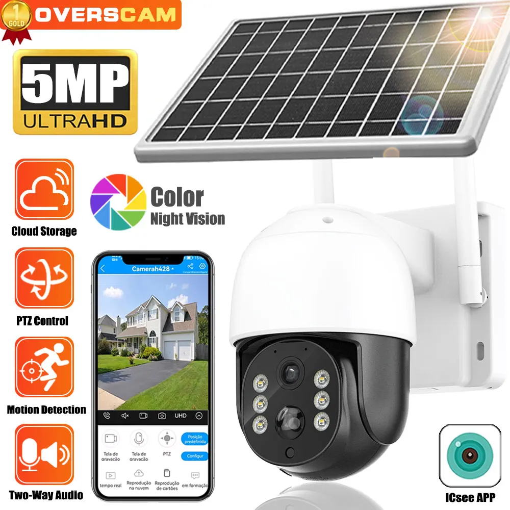 

5MP HD Max 128G Card Solar Camera Outdoor Wireless WIFI Built-in Battery Powered PTZ Camera PIR Human Detect 2-Way Audio iCsee