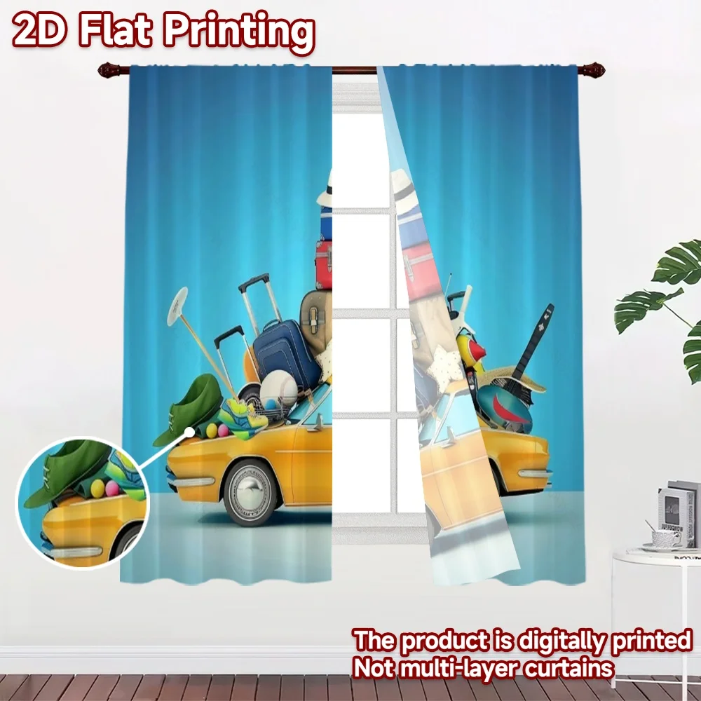 2D flat 2pcs Curtain Country Style Yellow Car With Luggage Durable polyester fiber Festive Curtains Use for New Year and