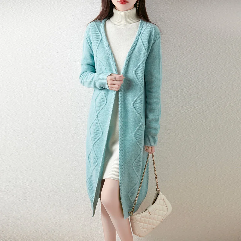 Autumn And Winter Fashion Wool Medium-Long Knit Cardigan Women's Wide Placket Crocheted Sweater Loose Over-The-Knee Padded Coat