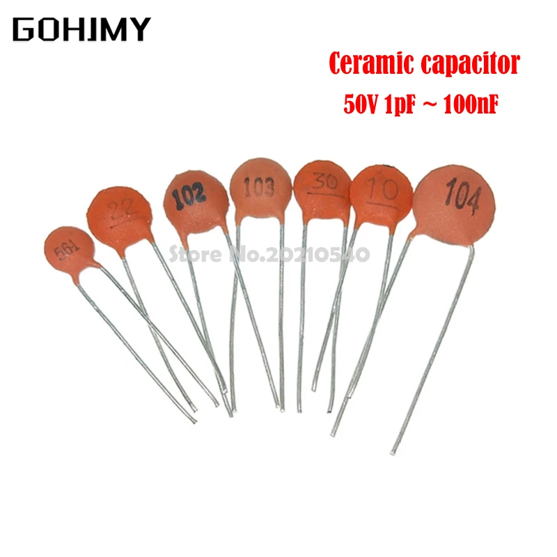 100pcs Ceramic capacitor 50V 1pF ~ 100nF 0.1uF 104 4.7PF 10PF 22PF 33PF 47PF 100PF 101 220PF 10NF 330PF 470PF 1NF 103 47NF 473