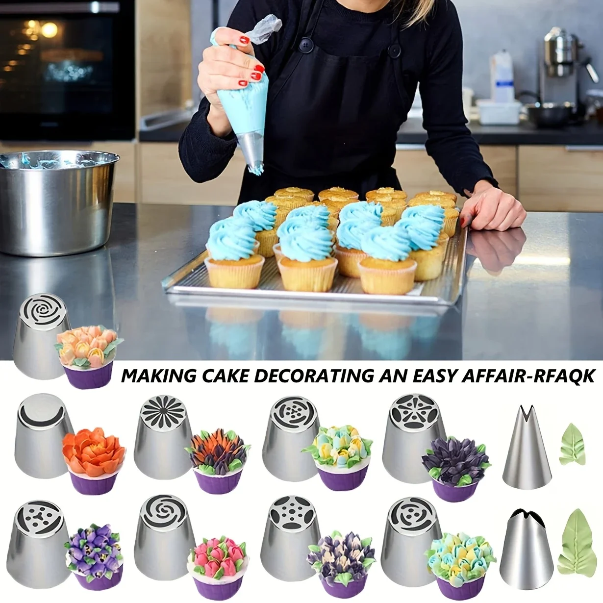 11pcs Stainless Steel Russian Piping Nozzle Set Flower Mouth Integrated Rose Bouquet Cream Cake Leaf Embossing Tool Baking Tools