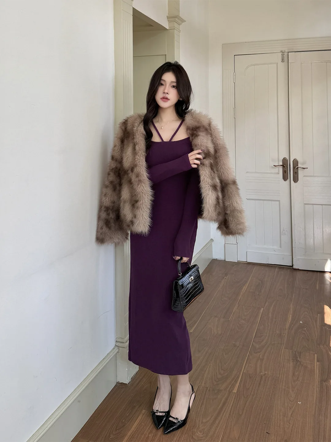 섹시한 퍼플 니트 긴팔 이브닝 드레스 여성용 봄 스퀘어 넥 컷아웃 백 슬릿 바디콘 미디 드레스 럭셔리 파티 프로모션 드레스