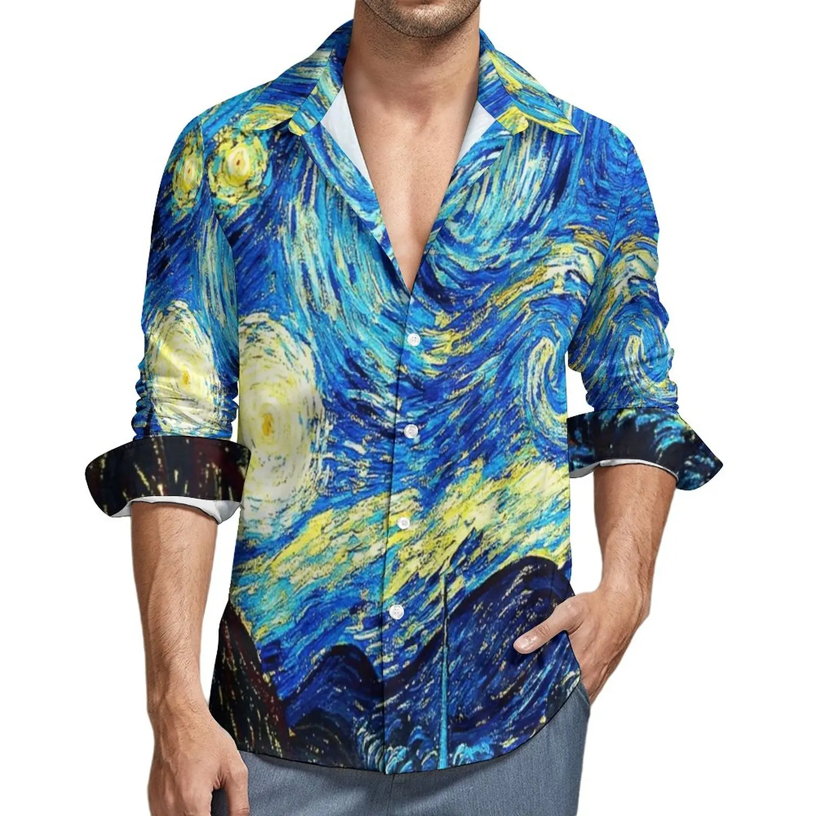 Starry Night Shirt Vincent Van Gogh Casual Shirts Long Sleeve Printed Y2K Blouses Autumn Fashion Oversize Clothing