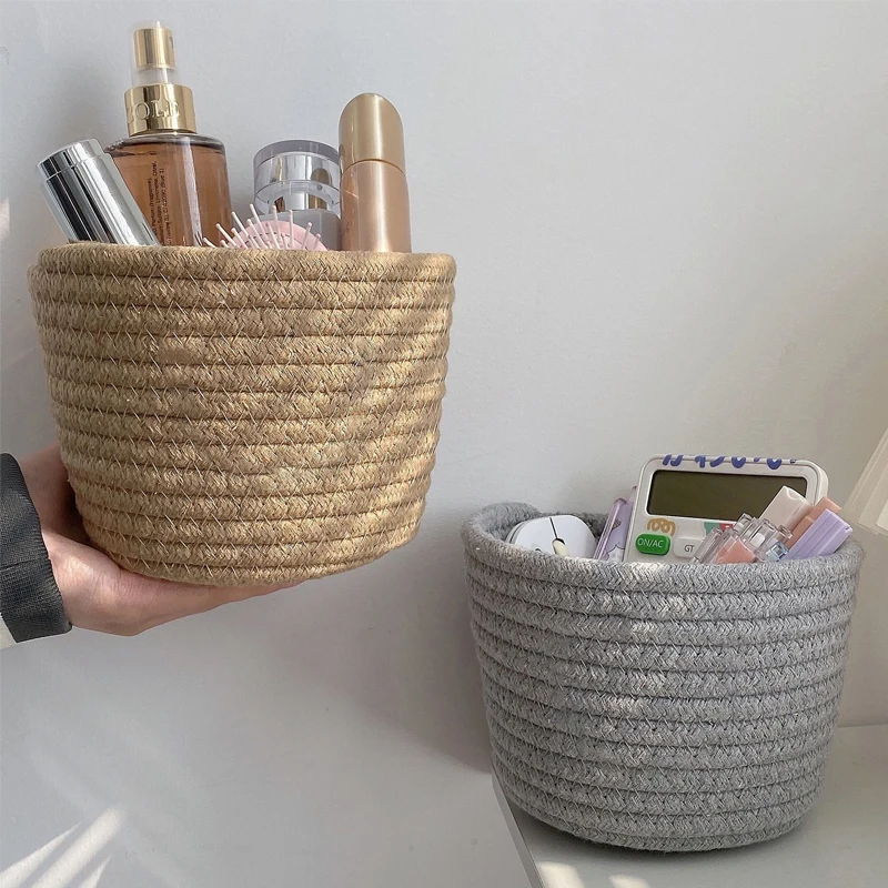 Cesta de almacenamiento circular de cuerda de algodón tejida, almacenamiento de escritorio para joyería, almacenamiento de escritorio, cesta de almacenamiento de cosméticos con Control remoto