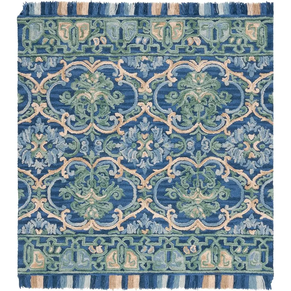 

Blossom Collection Area Rug - 10' Square, Navy & Green, Handmade Wool, loral Design, Ideal or High Traic Areas in Living Room, B