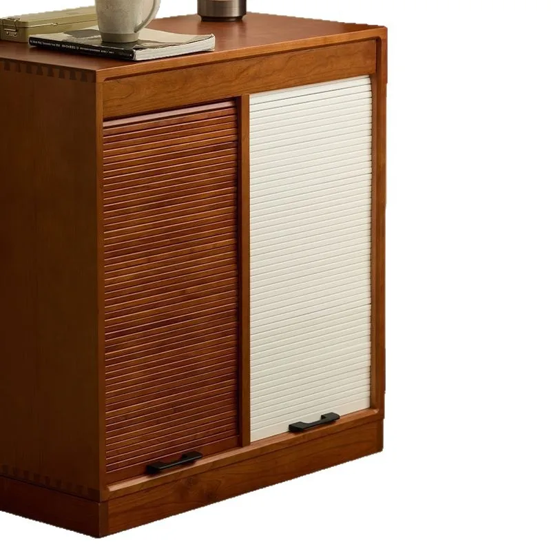 Multifunctional retro mobile file cabinet Cherry wood rolling shutter door locker Middle antique living room storage chest side
