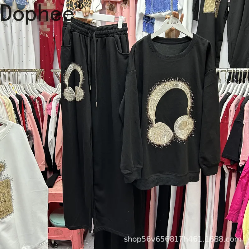 

Новые весенне-осенние повседневные женские комплекты с наушниками, горячее сверление, толстовка с длинными рукавами и круглым вырезом, топ + широкие брюки с эластичной резинкой на талии