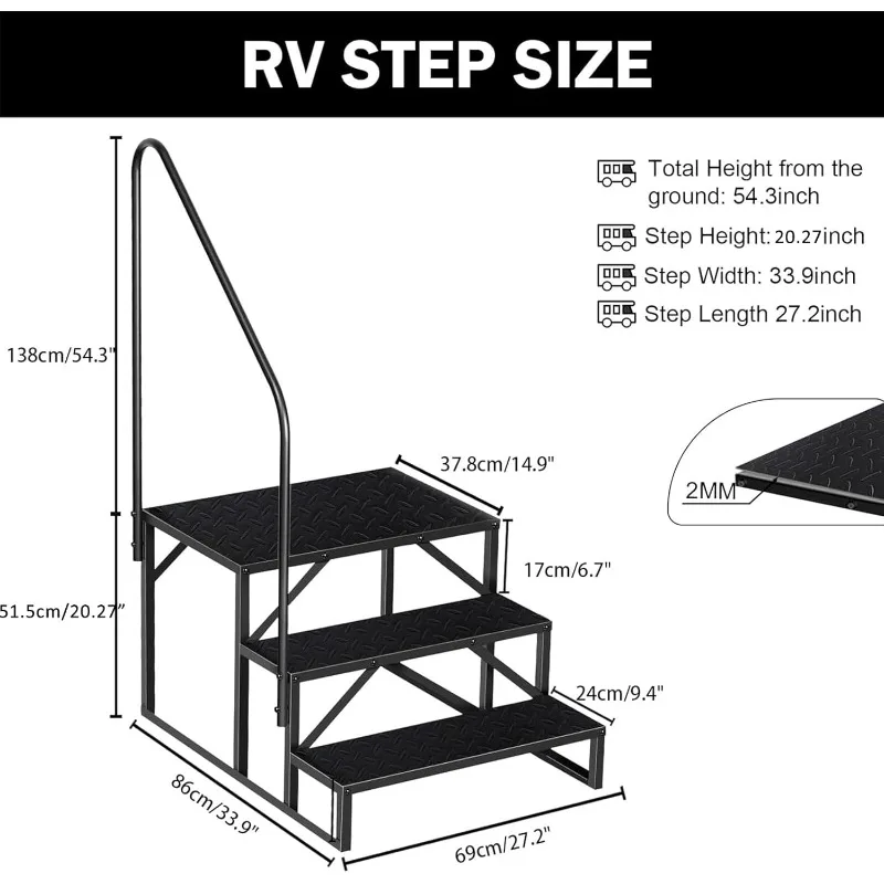 Gradini per camper con corrimano Scaletta a 3 gradini con capacità di carico di 660 libbre con pannello antiscivolo, scale domestiche mobili per rimorchi da viaggio