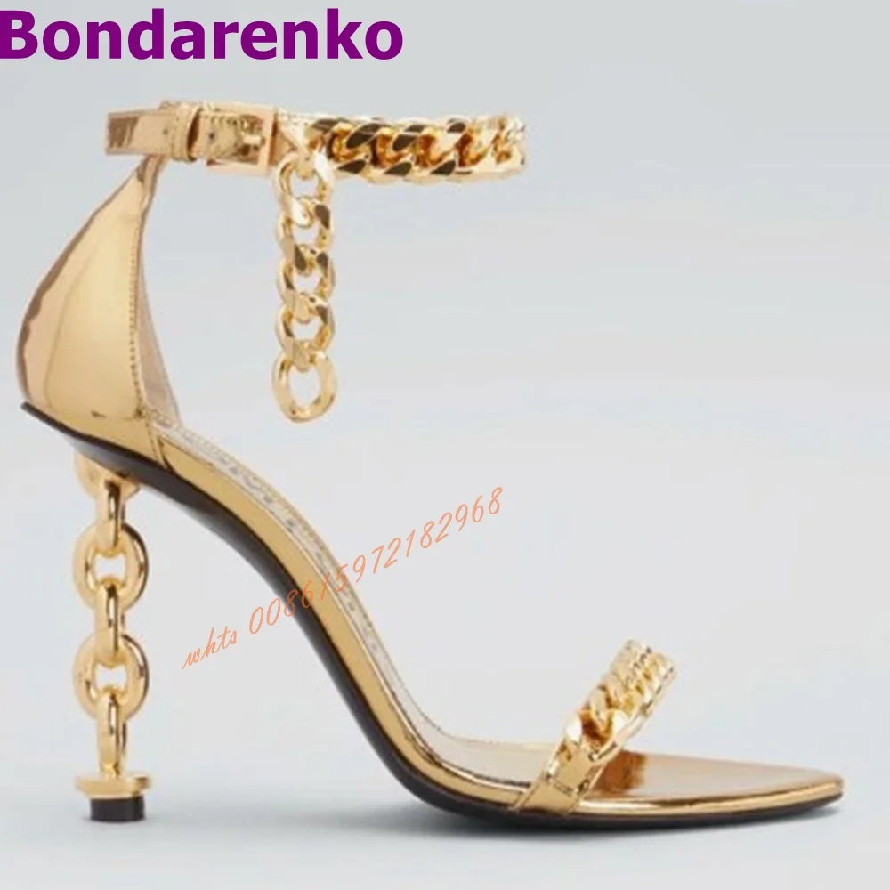 Sexy Chain Heels Sandals Pointed Toe Gold Metal Decor Ankle Straps Sandal Women Shoes Hollow Buckles Leather Designer Party Shoe