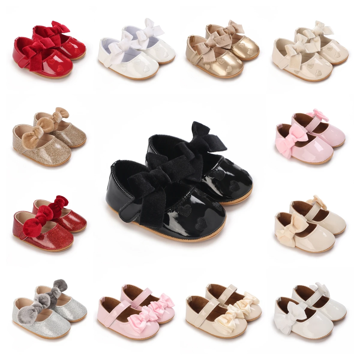 Newborn Baby Shoes Baby Boy Girl Shoes Girl Classic Bowknot Rubber Sole Anti-slip PU Dress Shoes First Walker Toddler Crib Shoes