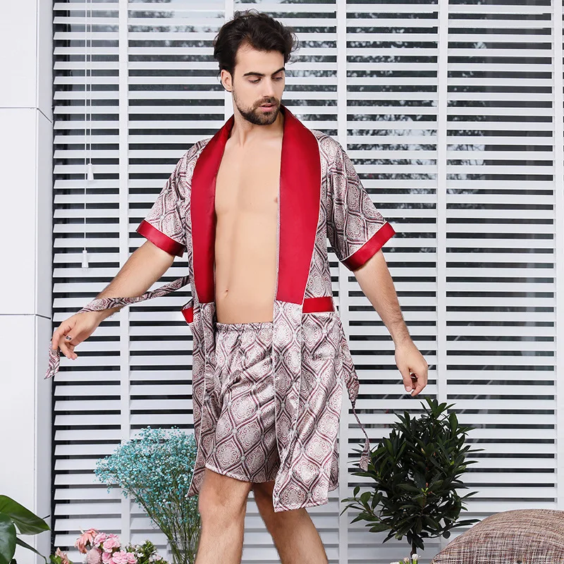 Men Satin Homewear Print Robe Suit 2Pcs Robe&shorts Loose Nightwear Plus Size 3Xl4Xl5Xl Sleepwear Loungewear Male Nightgown