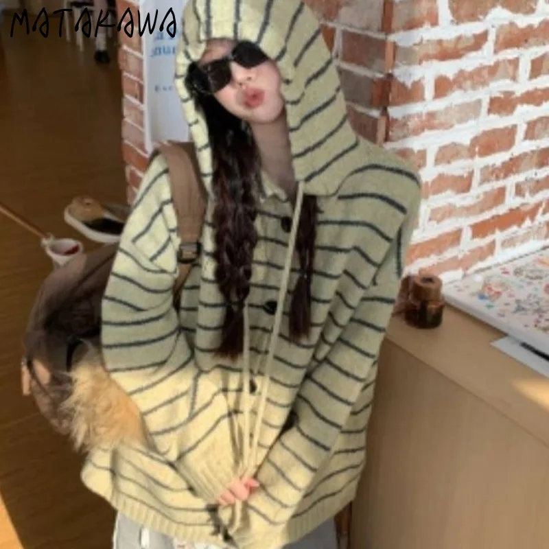 

Matakawa Y2k кардиганы с капюшоном в полоску, осень-зима, винтажные теплые женские свитера, корейская мода, свободные Sueteres Mujer